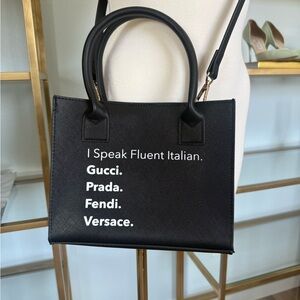 Black Crossbody Bag with Humorous Text and Minimalist Design